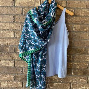 Talbots Blue & White Scarf with Blue & Green Trim